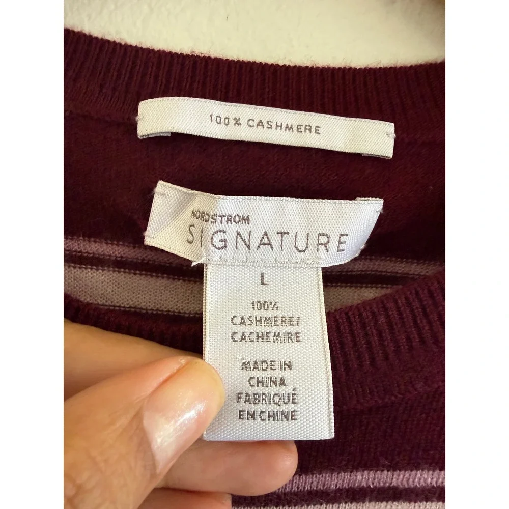 Nordstrom Signature Burgundy Pink Striped 100% Cashmere Crew Neck Sweater Large